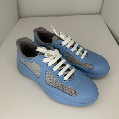 Prada America Cup Sneakers Blue, Gray, Red, White Genuine Leather Synthetic Fabric Blend Comfortable and Padded Lightweight Lace-Up