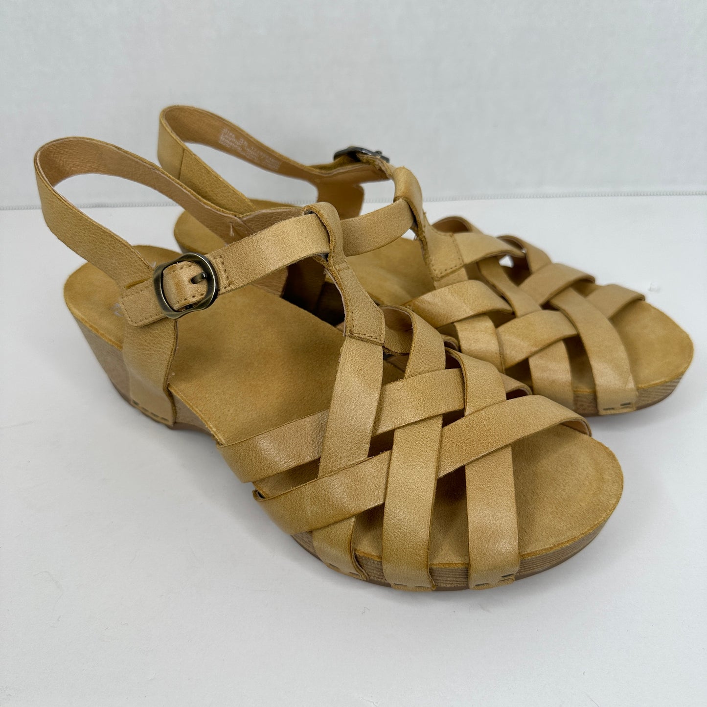 Dansko Tinley Wedge Heels Beige/Brown and Gold Straps Adjustable Buckle Open Toe Gold Accents Wedge <1"