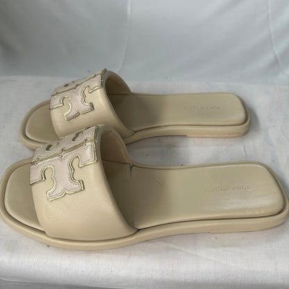 Tory Burch Ines Double T Leather Slides Dulce de Leche/Gold Memory Foam Limited Edition