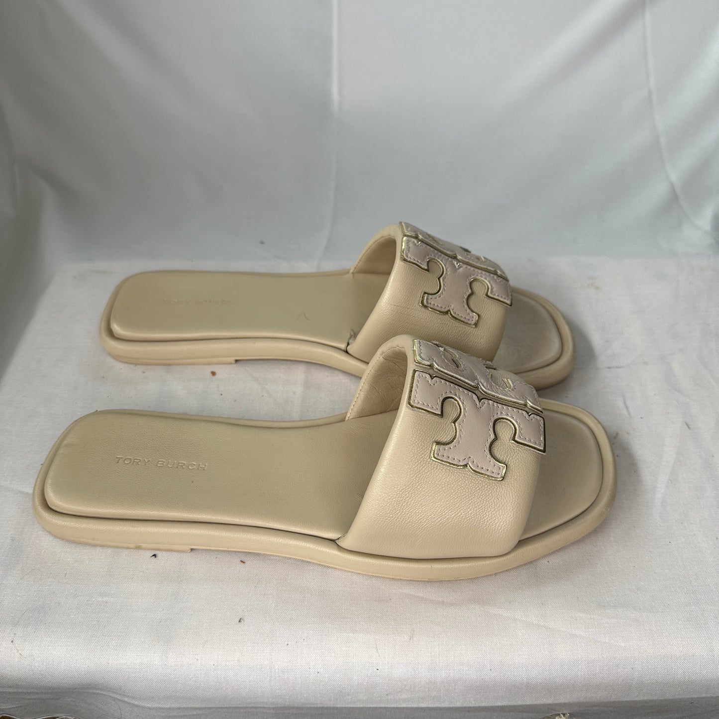 Tory Burch Ines Double T Leather Slides Dulce de Leche/Gold Memory Foam Limited Edition