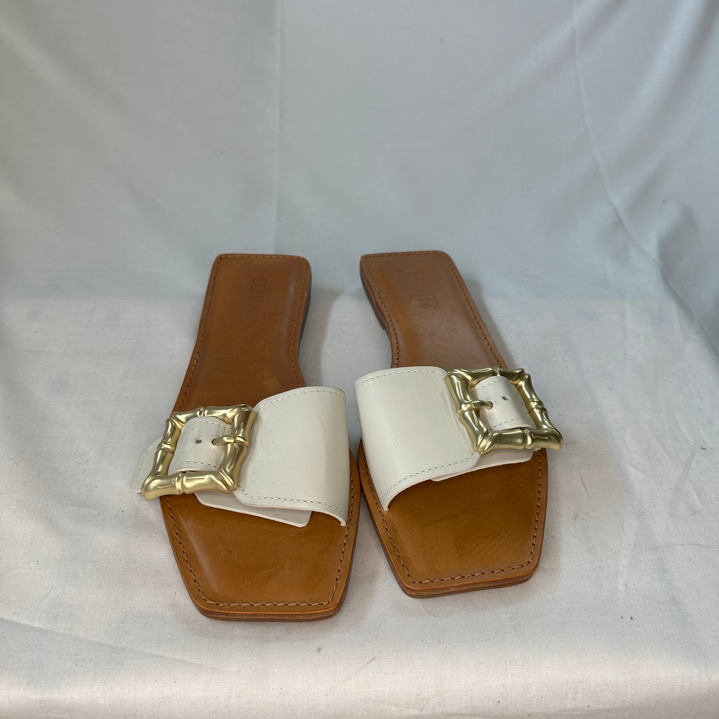 Schultz Enola Sandal Brown/White and Gold Woven Leather Adjustable Buckle Padded Flats Lightweight Open Toe