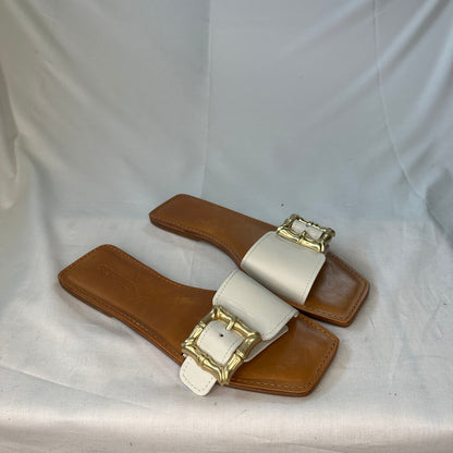 Schultz Enola Sandal Brown/White and Gold Woven Leather Adjustable Buckle Padded Flats Lightweight Open Toe