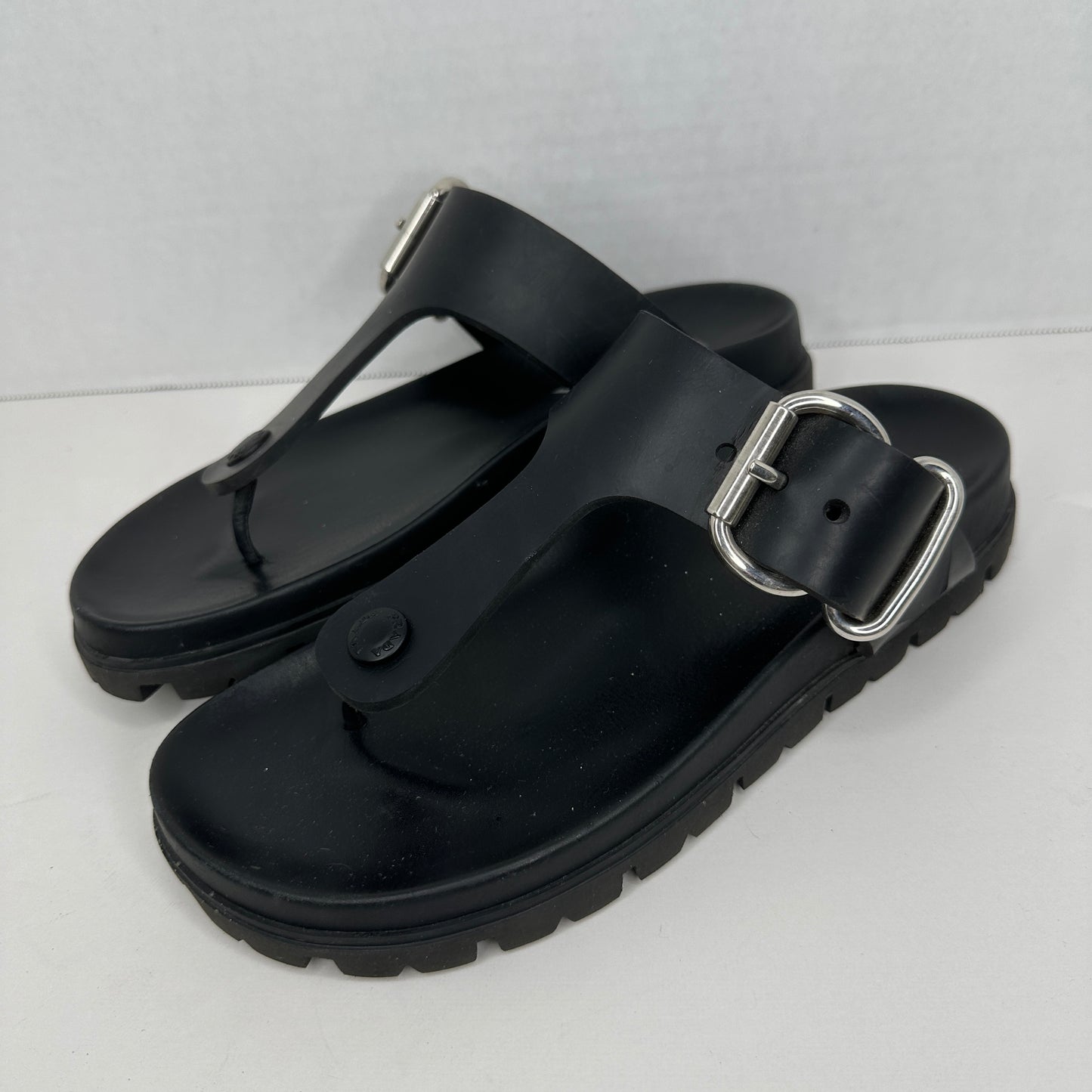 Prada Rubber Thong Sandal Black and Silver Limited Edition Adjustable Strap Buckle Comfortable Contoured