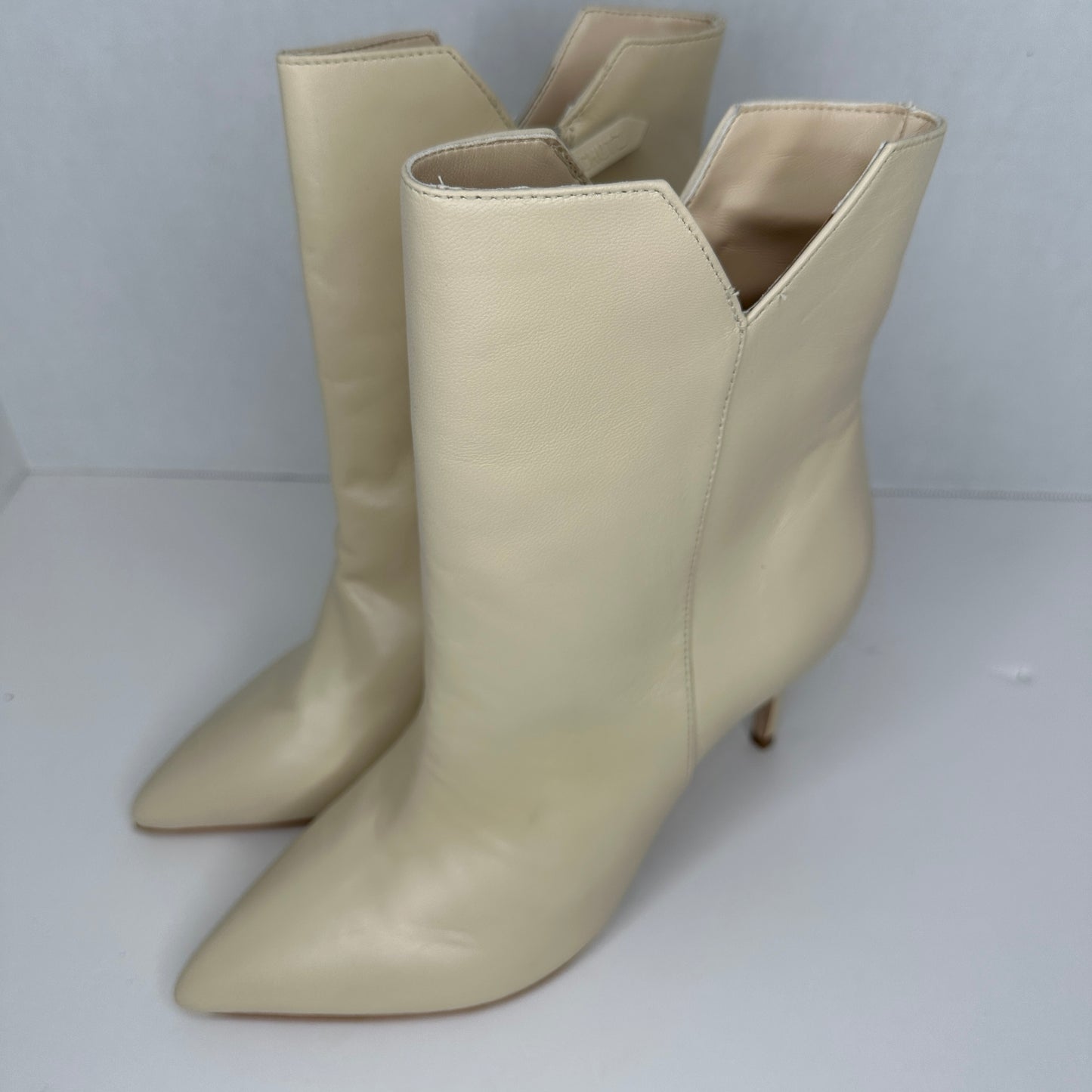 Schutz Betsey Bootie Heels Egg Shell/Ivory White 4" Heel Zipper 6" Tube Mid-Calf High Stiletto Heel