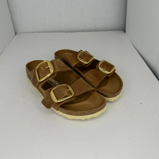 Birkenstock Arizona Big Buckle Sandals Brown and Gold Slip On Adjustable Buckle and Straps Contoured Insoles Lightweight Open Toe