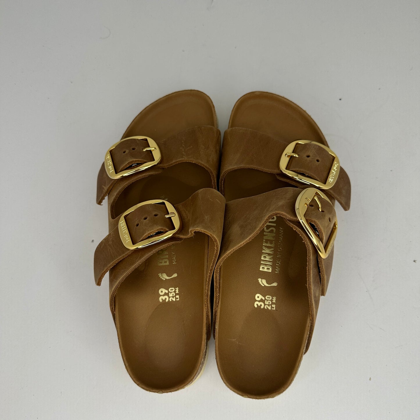 Birkenstock Arizona Big Buckle Sandals Brown and Gold Slip On Adjustable Buckle and Straps Contoured Insoles Lightweight Open Toe