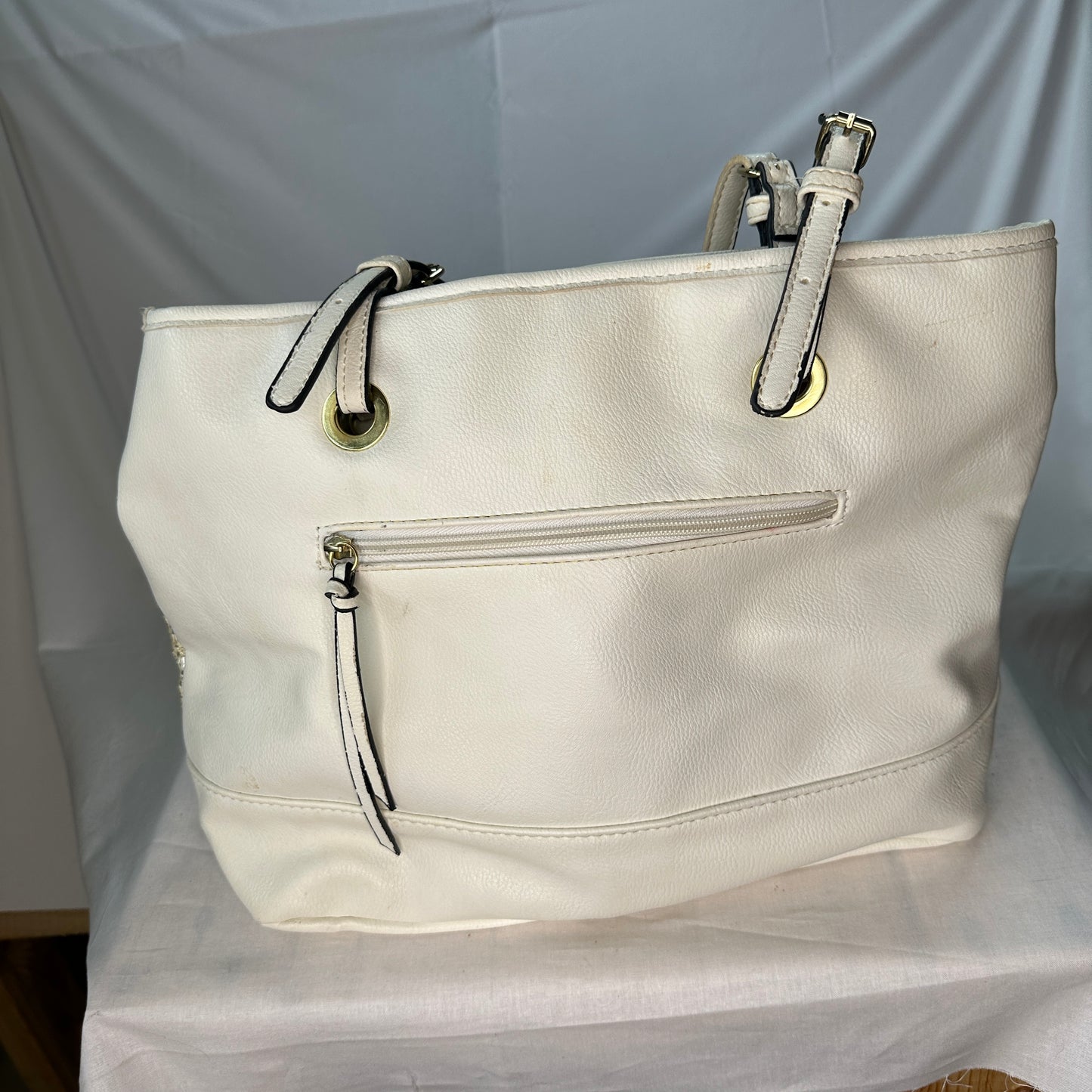 Nicole by Nicole Miller Lrg White Purse White/Gold White Leather White Crochet  Deep Lrg Purse Logo Accent Buckles and Multiple Pockets