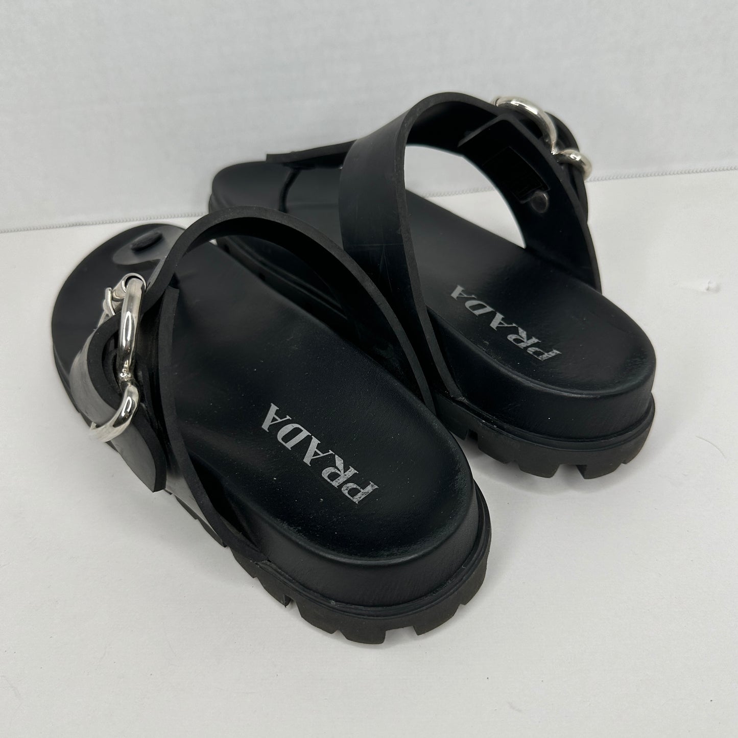 Prada Rubber Thong Sandal Black and Silver Limited Edition Adjustable Strap Buckle Comfortable Contoured