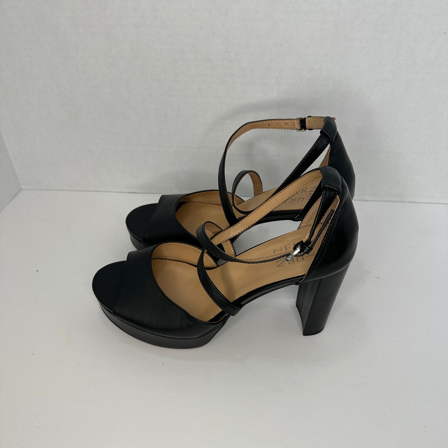 Naturalizer Melody Black Black 4" Heel Sandal Platform Soft Leather Buckle Ajustable Strap