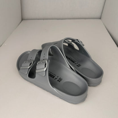 Birkenstock Arizona Essentials Gray Contoured Rubber Insole Buckle Adjustable Straps Slip On Sandals