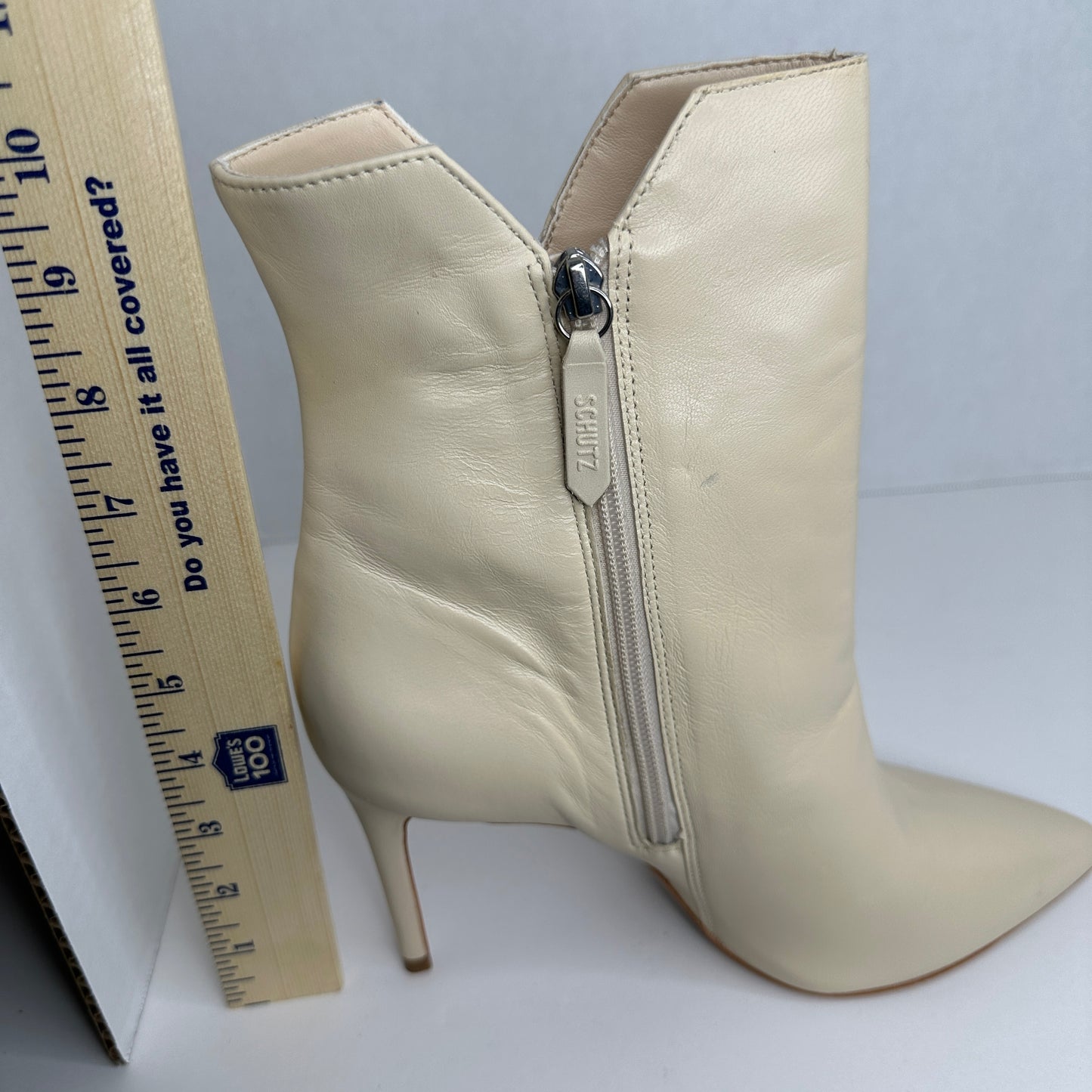 Schutz Betsey Bootie Heels Egg Shell/Ivory White 4" Heel Zipper 6" Tube Mid-Calf High Stiletto Heel