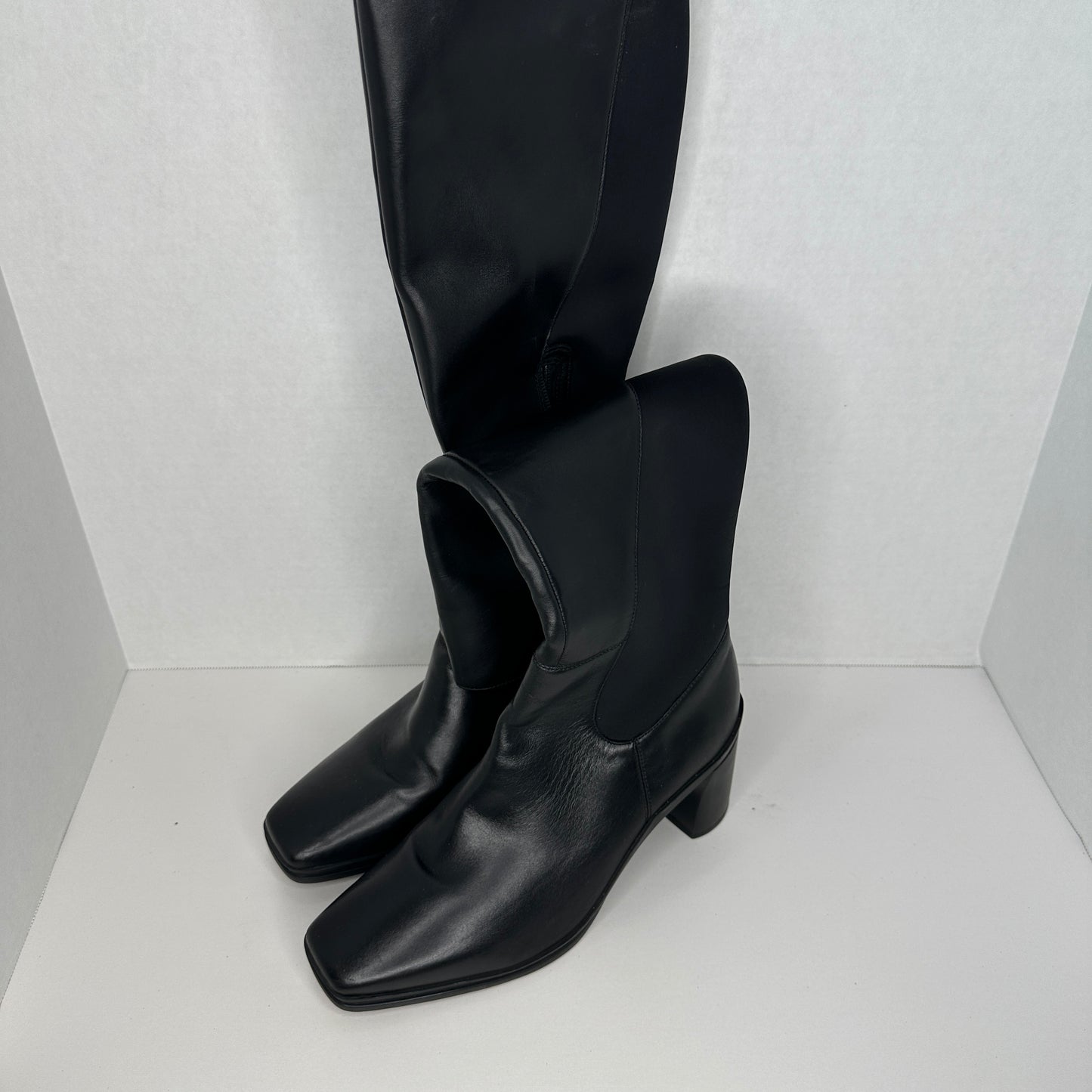 Naturalizer Heel Boots Black Slip On and Zipper Weatherproof Leather Knee High Wide Cap Toe