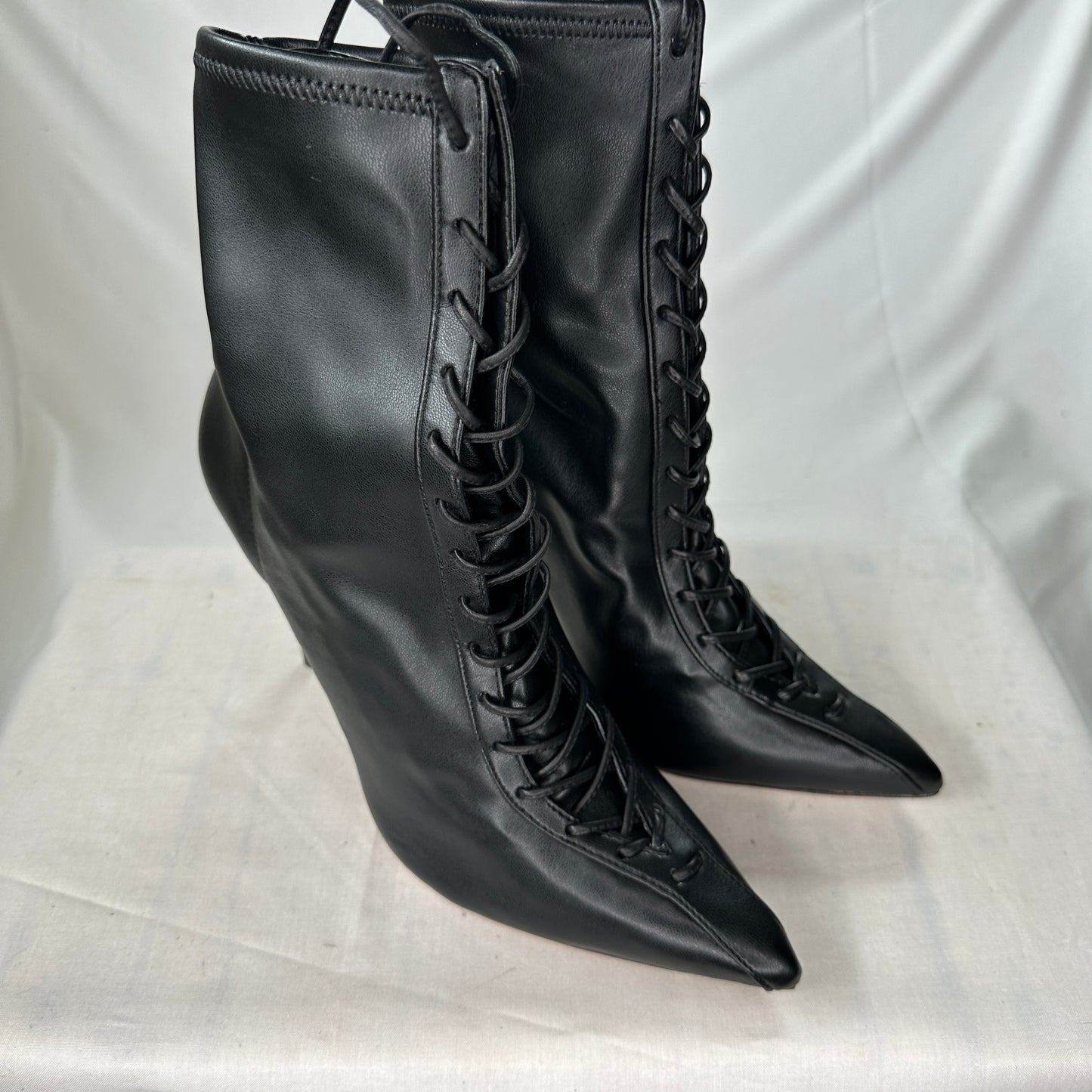 Schutz Tall Boots Black Soft Nappa Leather Lace-Up Lightweight Stiletto Heel Above Ankle Tube