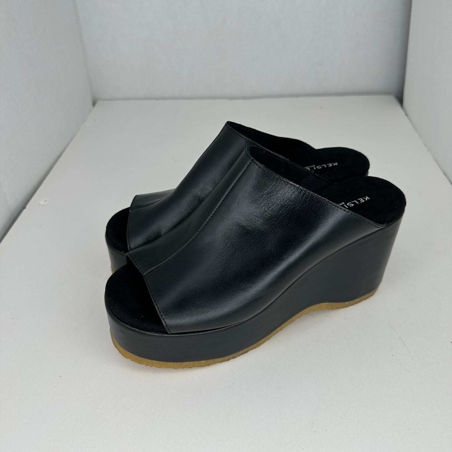 Kelsi Dagger Brooklyn Black 3.5" Platform Sandal Slip On Leather Lightweight Open Toe