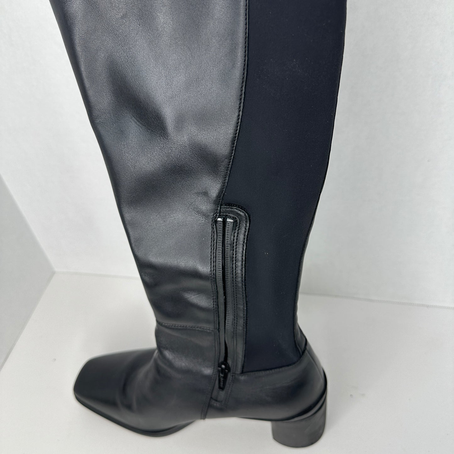 Naturalizer Heel Boots Black Slip On and Zipper Weatherproof Leather Knee High Wide Cap Toe