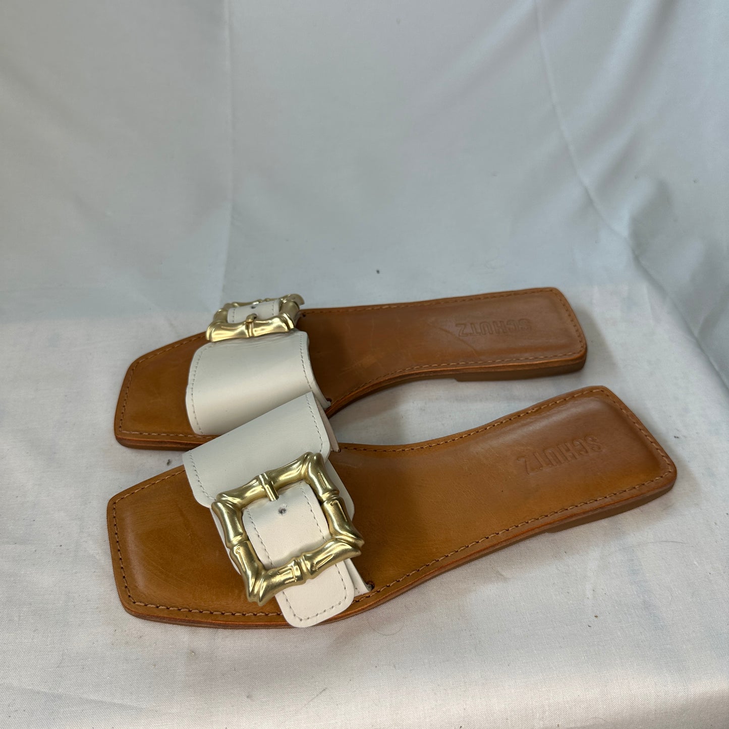 Schultz Enola Sandal Brown/White and Gold Woven Leather Adjustable Buckle Padded Flats Lightweight Open Toe